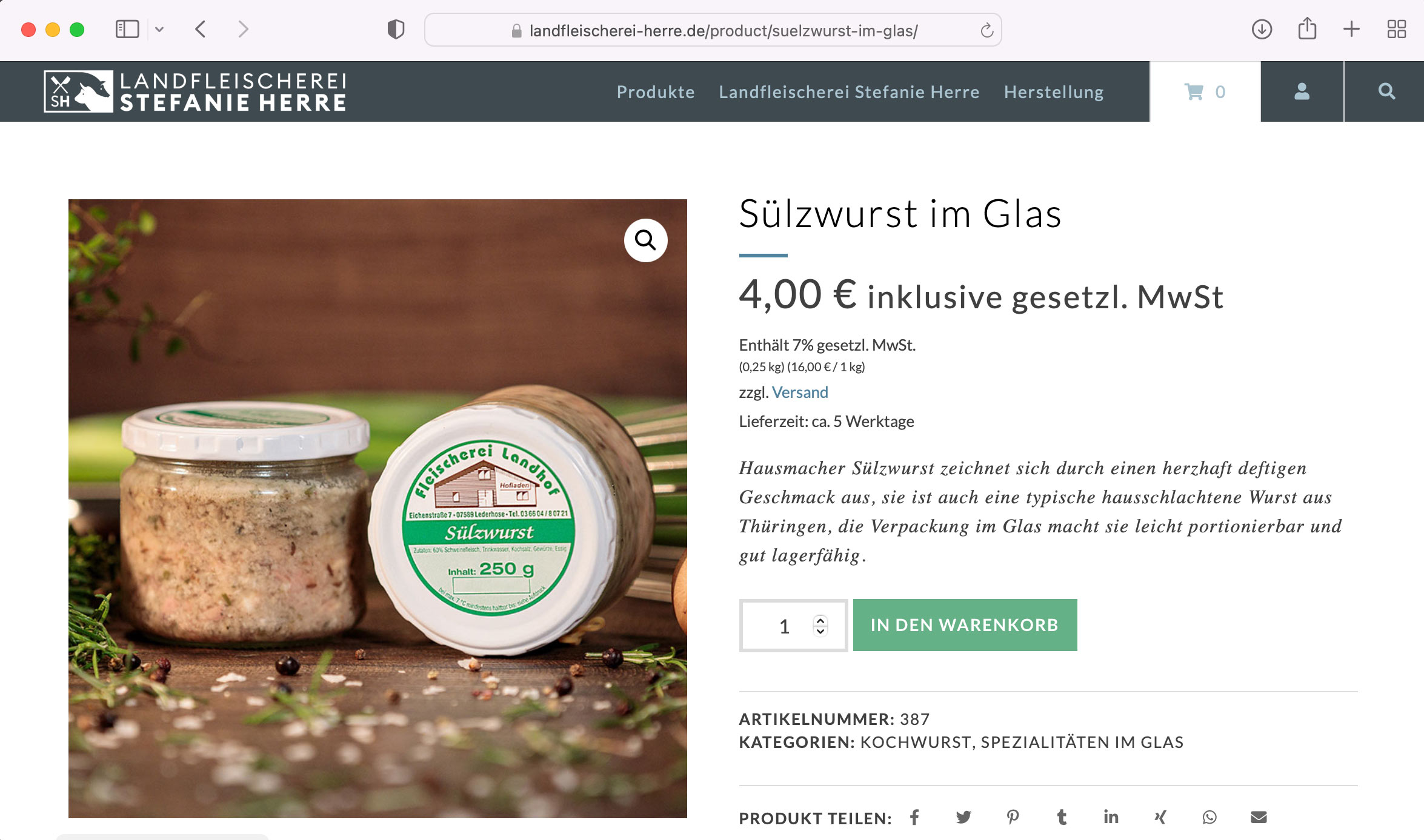 Realisierung des Online-Shop für die Metzkerei aus Thüringen
