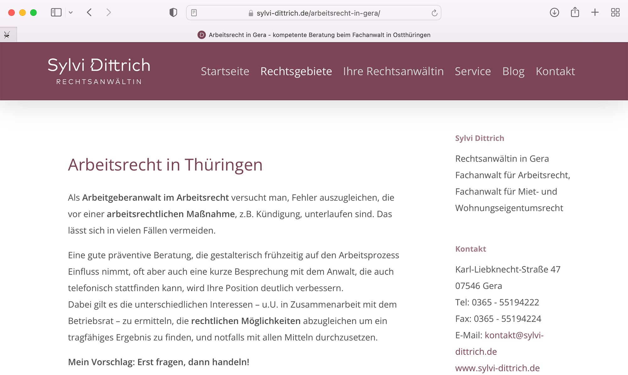 Screenshot der Website für die Anwältin aus Gera